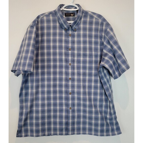 Arrow Shirt Mens Large Blue Check Button Down 100% Cotton Casual Short Sleeve - Picture 1 of 11